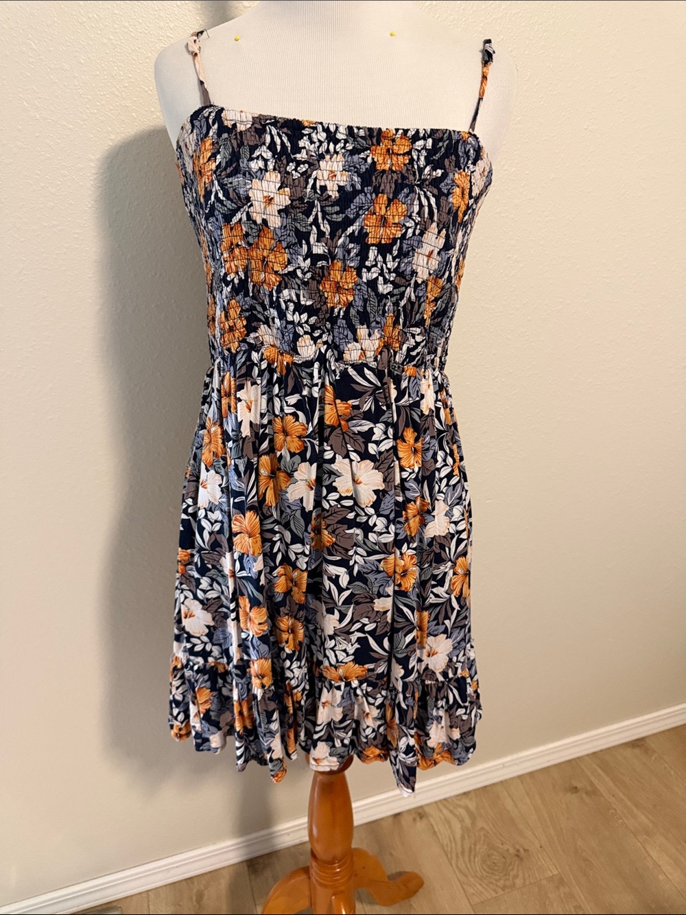 Floral Smocked Spaghetti-Strap Dress in Navy and Mustard